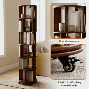 6-Tier Rotating Bookshelf Tower with Lockable Wheels