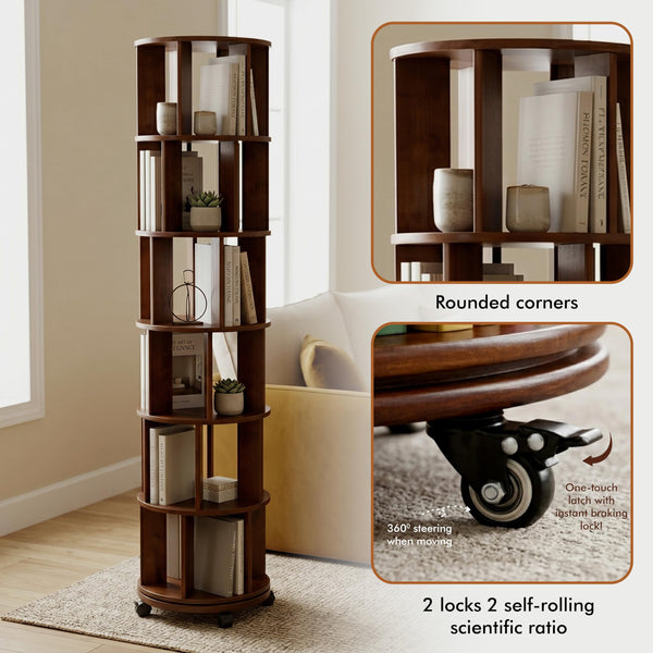 6-Tier Rotating Bookshelf Tower with Lockable Wheels