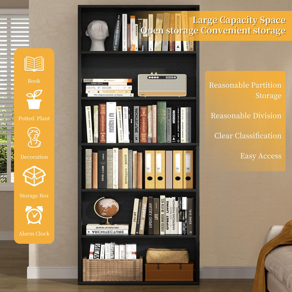 6-Tier Tall Bookcase – Wood Floor Standing Display Shelf
