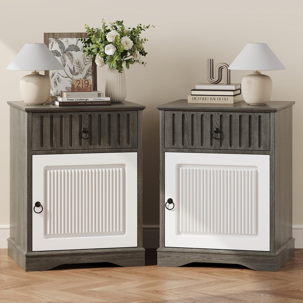 Farmhouse Nightstand Set of 2 with Drawer – Wide Bedside Table with Storage, Grey