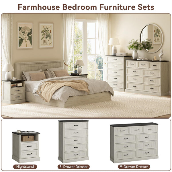 4-Piece Farmhouse Dresser & Nightstand Bedroom Set – 14 Drawers, White