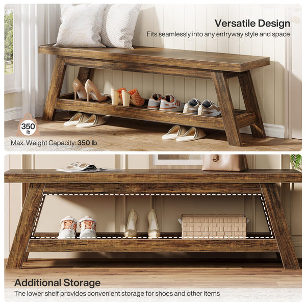 55" Wood Entryway Bench with Shoe Storage & Open Shelves