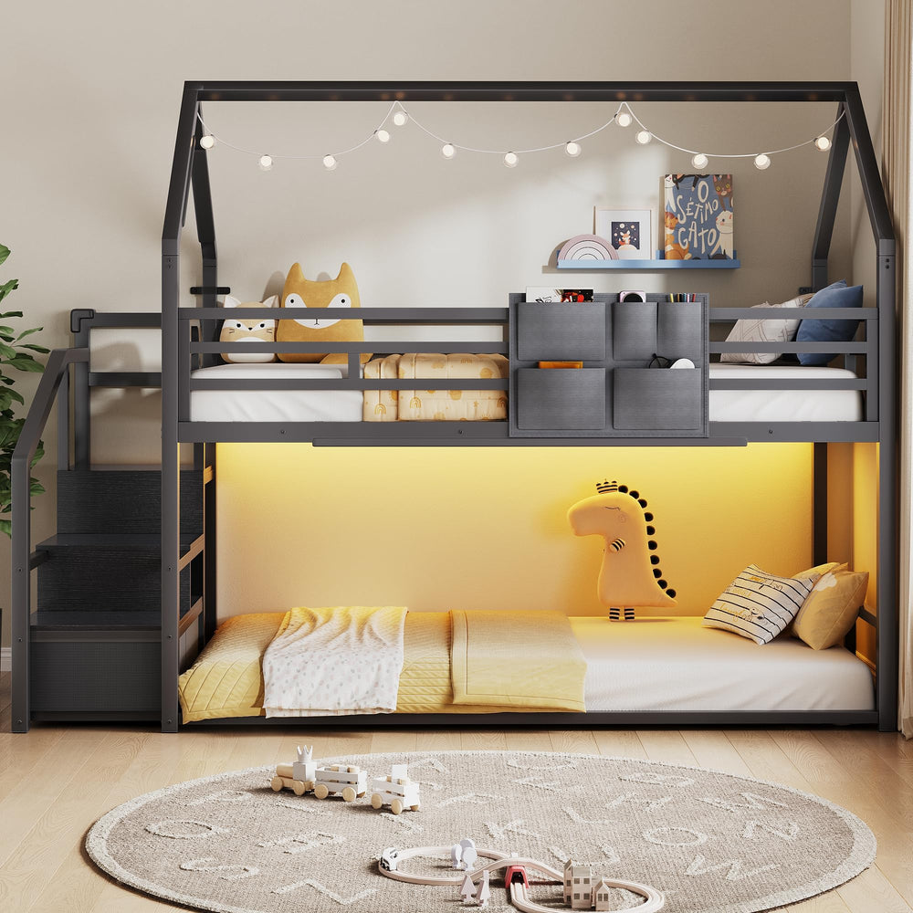 Twin Over Twin Metal Bunk Bed with Storage Staircase & LED Lighting