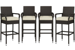 Outdoor Wicker Bar Stools with Armrests, Footrests & Cushions (Brown/Beige)