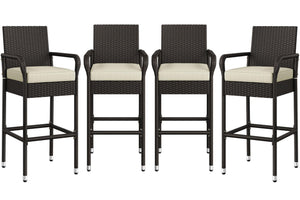 Outdoor Wicker Bar Stools with Armrests, Footrests & Cushions (Brown/Beige)