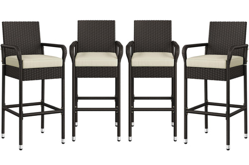 Outdoor Wicker Bar Stools with Armrests, Footrests & Cushions (Brown/Beige)