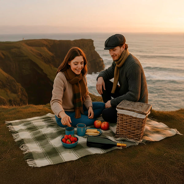 Irish Lambswool Throw Blanket – Cream & Green Check Tartan