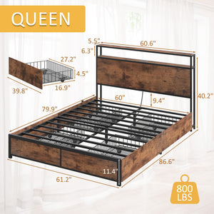 Metal Platform Bed Frame with Storage Headboard, Drawers & LED