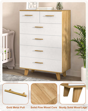 6-Drawer Dresser with Solid Pine Core – White & Light Wood