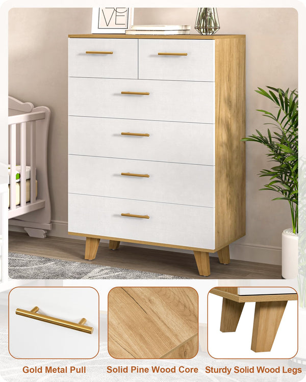6-Drawer Dresser with Solid Pine Core – White & Light Wood