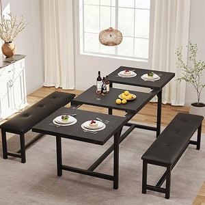 Extendable Dining Table Set with 2 Upholstered Benches – Seats 4 to 8