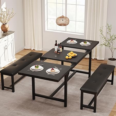 Extendable Dining Table Set with 2 Upholstered Benches – Seats 4 to 8