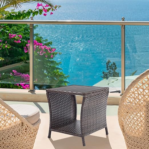 Outdoor Wicker Patio Side Table with Storage – 2-Layer PE Rattan End Table