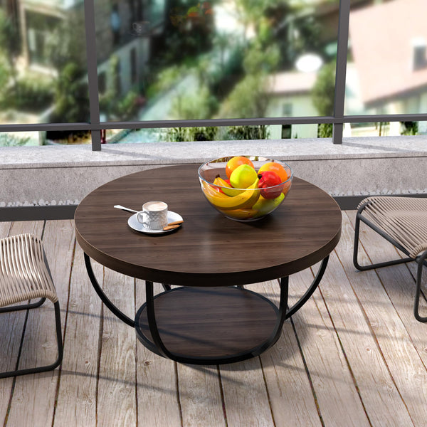 Round Coffee Table with 2-Tier Storage & Steel Frame