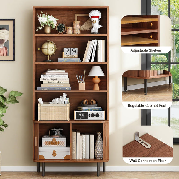 71" 4-Tier Bookshelf with Sliding Door Storage Cabinet