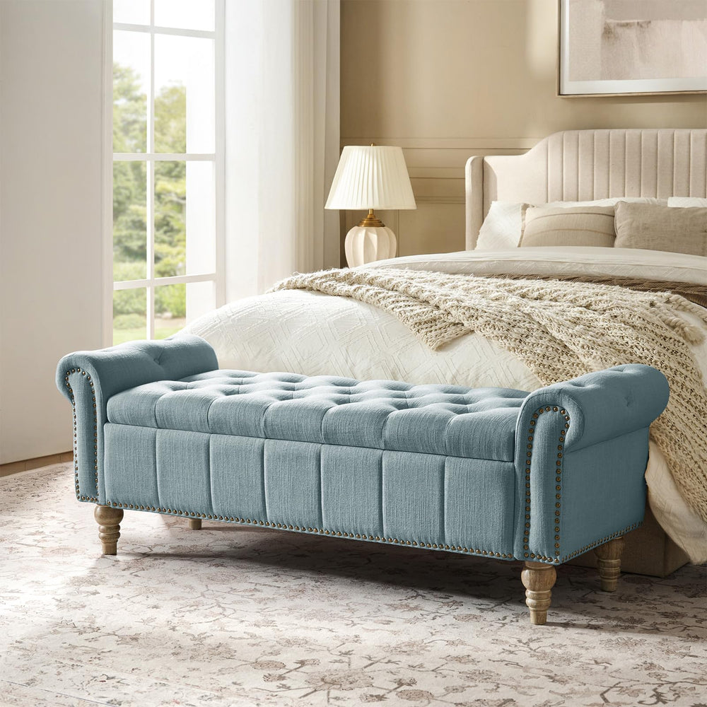 HULALA HOME Farmhouse Upholstered Storage Bench, End of Bed Bench with Vintage Button Tufted Design(Blue)