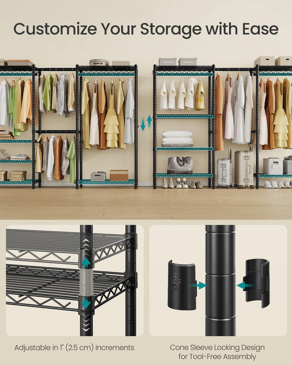 Heavy-Duty Extendable Clothes Rack with Shelves & Hooks
