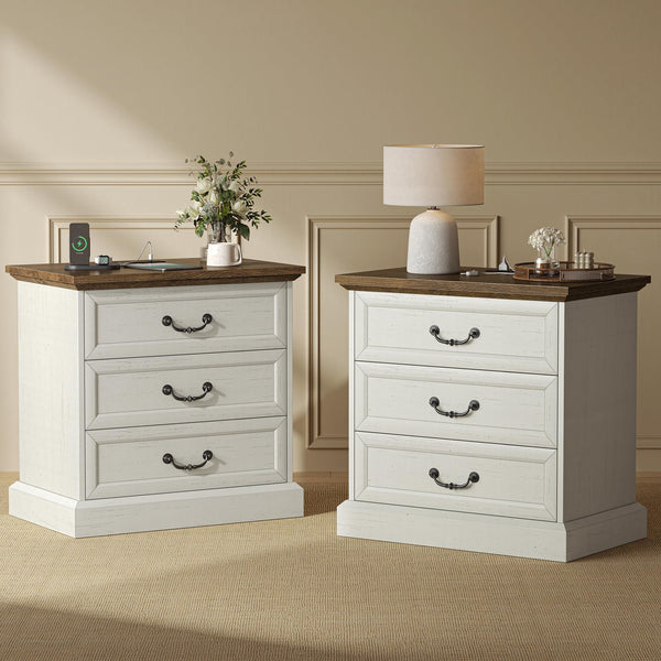 Farmhouse Nightstand with Charging Station & 3 Drawers