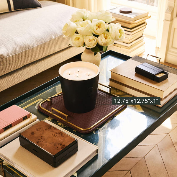 Square Woven Vegan Leather Decorative Tray with Brushed Brass Handles
