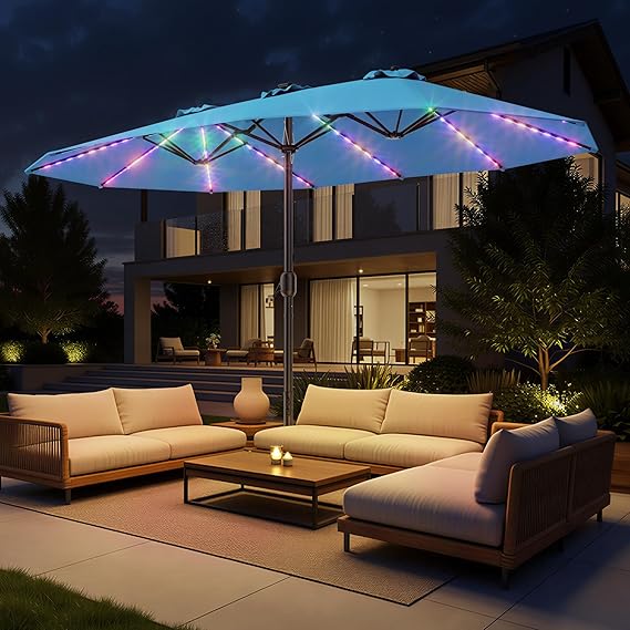 15ft Double-Sided Patio Umbrella with Base & RGB LED Lights