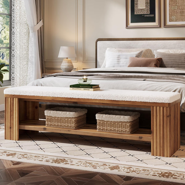 Upholstered Bedroom & Entryway Bench with Faux Sheepskin Cushion