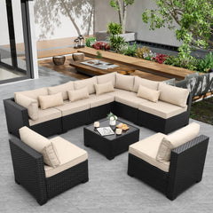 9-Piece Outdoor Wicker Sectional Patio Furniture Set with Glass Table & Cushions