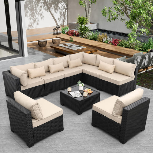 9-Piece Outdoor Wicker Sectional Patio Furniture Set with Glass Table & Cushions