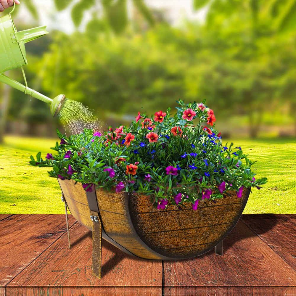 Metal Half Barrel Planters (2 Pack) with Legs – Rustic Outdoor Garden Planter