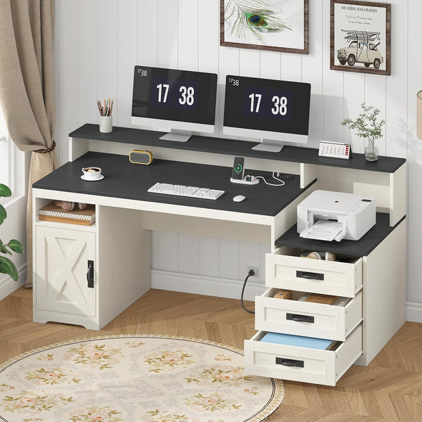 65-Inch Farmhouse Computer Desk with Drawers and Power Outlets