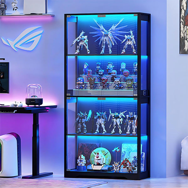 4-Tier Glass Display Cabinet with LED Lights & Motion Sensor