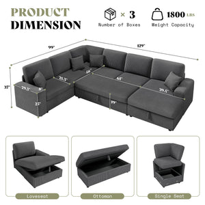 129-Inch Sectional Sofa with Storage Ottoman & Sleeper