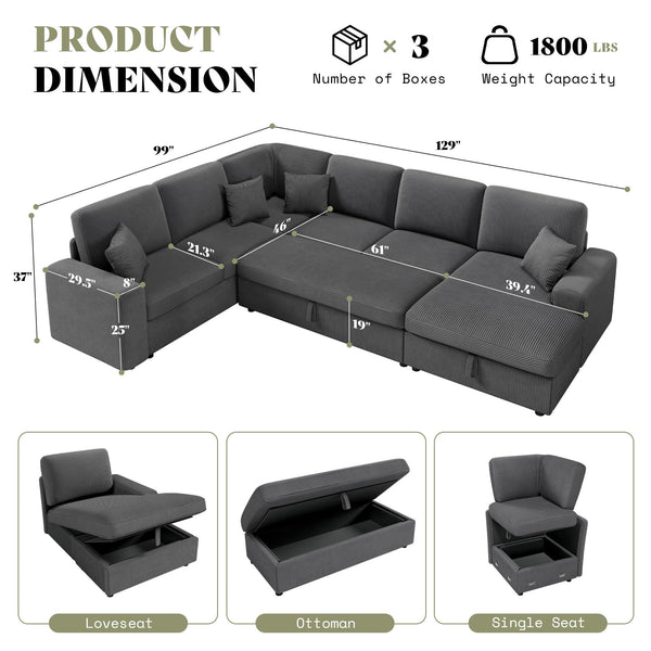 129-Inch Sectional Sofa with Storage Ottoman & Sleeper