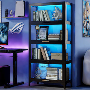 5-Tier Glass Display Cabinet with Flip-Up Doors & LED Lighting