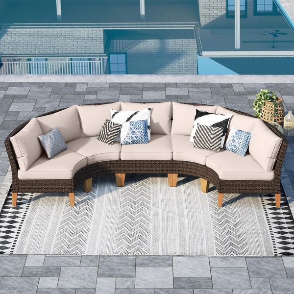 5-Piece Half Moon Outdoor Wicker Sectional Sofa Set