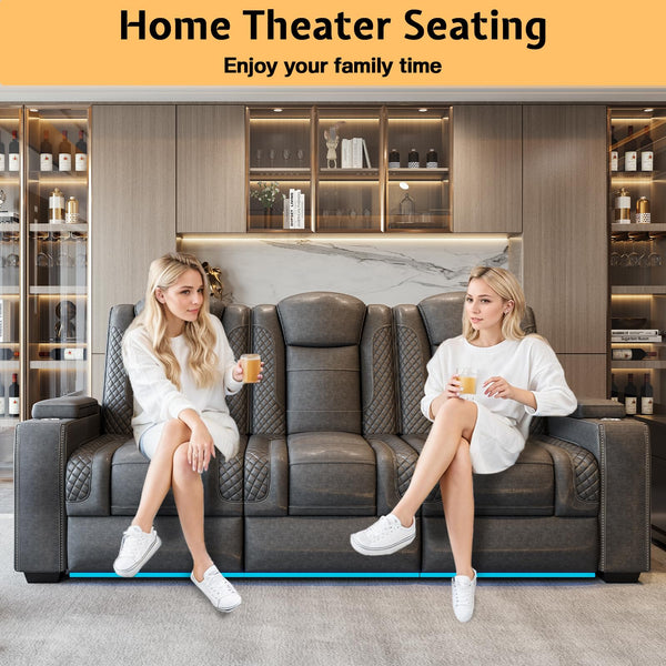3-Seat Home Theater Recliner Sofa with USB Charging & LED Light