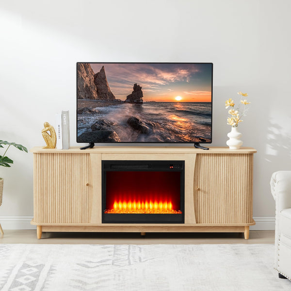Fireplace TV Stand with Sliding Doors & Storage