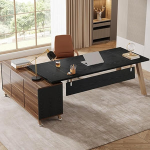 L-Shaped Executive Desk with Cabinet & Storage Shelves