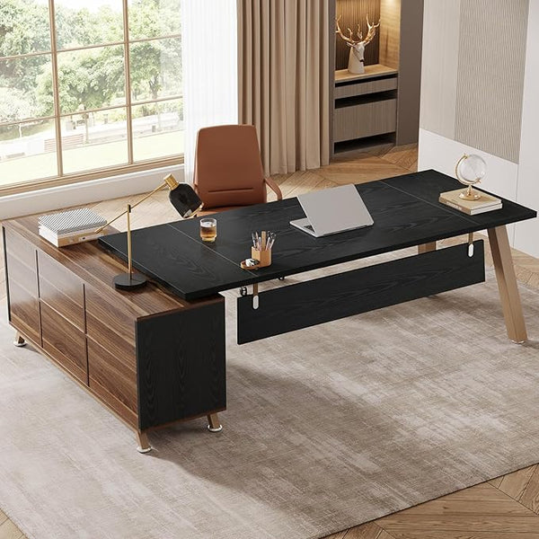 L-Shaped Executive Desk with Cabinet & Storage Shelves