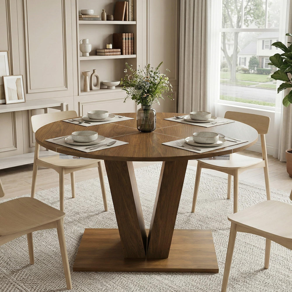 Round Extendable Dining Table with Marble Top – Walnut