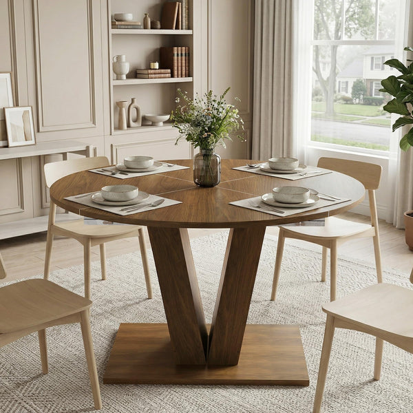 Round Extendable Dining Table with Marble Top – Walnut