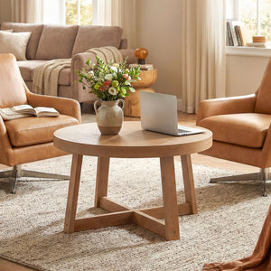 Round Wood Coffee Table 30 Inch – Pine Frame, Natural Finish