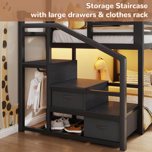 Twin Over Twin Metal Bunk Bed with Storage Staircase & LED Lighting
