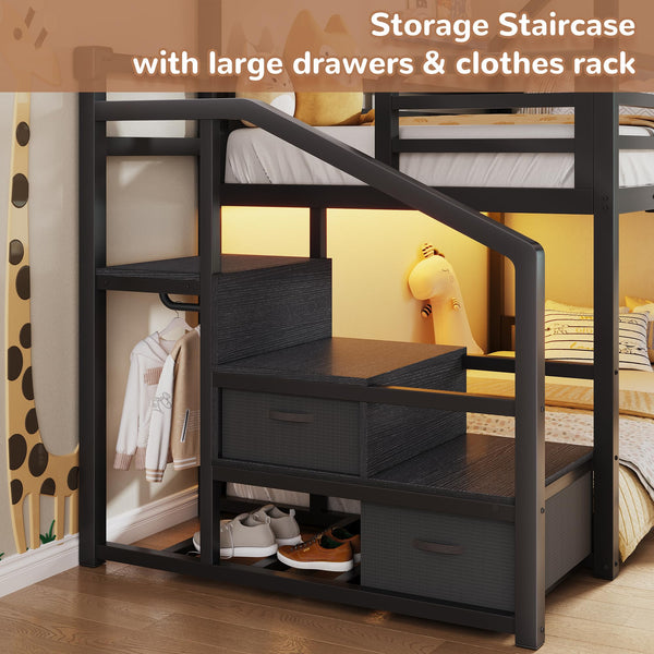 Twin Over Twin Metal Bunk Bed with Storage Staircase & LED Lighting