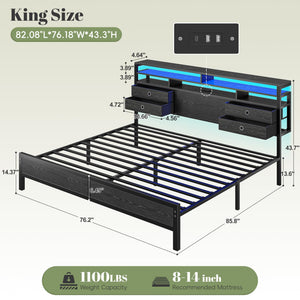 King Size Bed Frame with LED Lights, Storage Headboard & Charging Ports