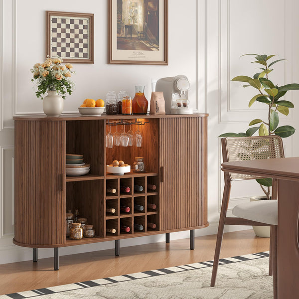 55-Inch Fluted Wine Bar Cabinet with LED Lighting & Charging Station