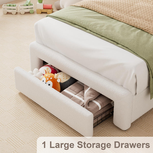 Twin Platform Bed Frame with LED Light, Charging Station, Storage Headboard & Drawer