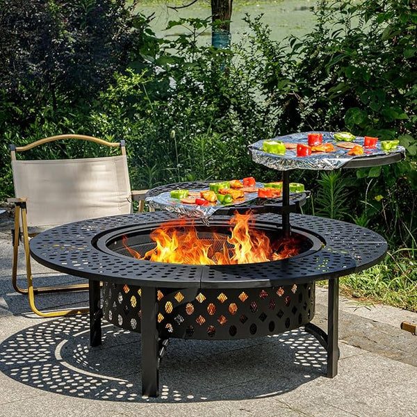 36" Round Wood Burning Fire Pit with Grill, Lid & Cover – 3-in-1 Outdoor Firepit Table