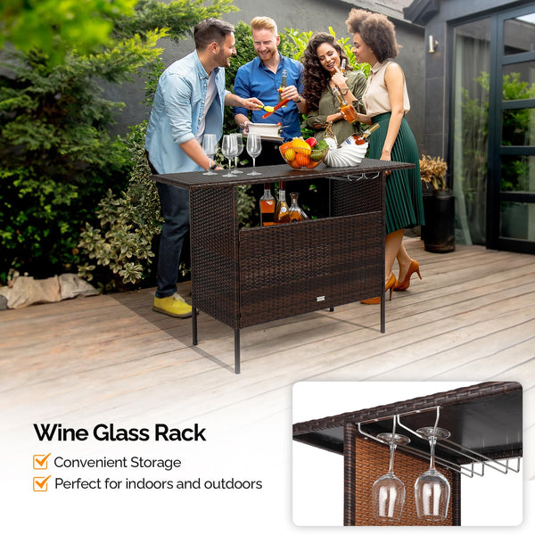 Wicker Outdoor Bar Table with Steel Shelves and Wine Glass Rack