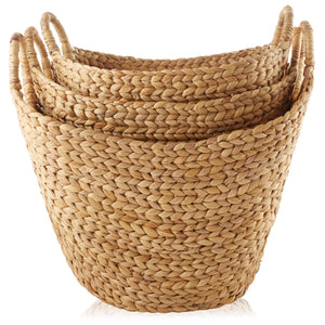 Set of 3 Woven Water Hyacinth Storage Baskets with Handles