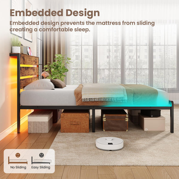 Twin Platform Bed Frame with LED Lights & Charging Station